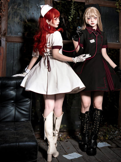 Weißes und rotes Halloween-Kostüm, Krankenschwester-Lolita-Kleid, komplettes Set