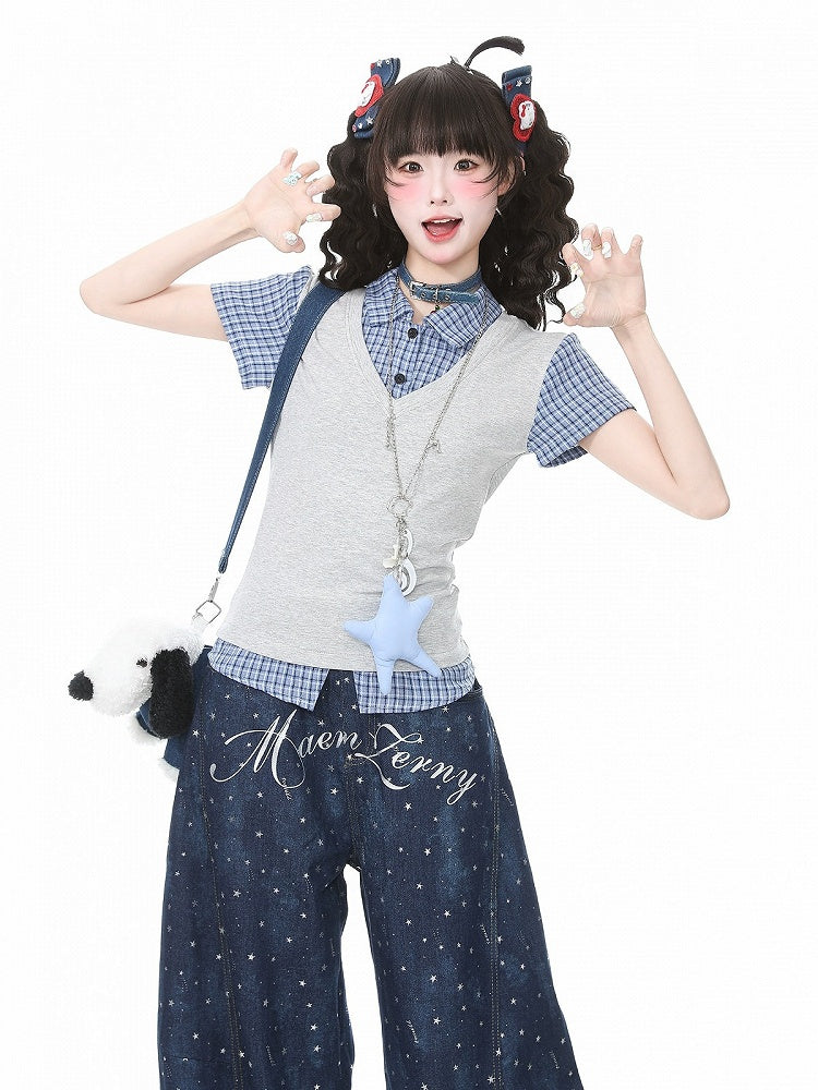 Gray Plaid Two-Piece Short Sleeve Top - Languid Park