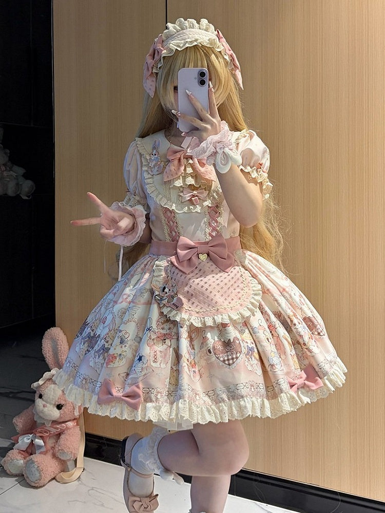 Puff Sleeve OP Dress with Pink Bunny Cake Print & Apron Style - Rose Weaving Poetry