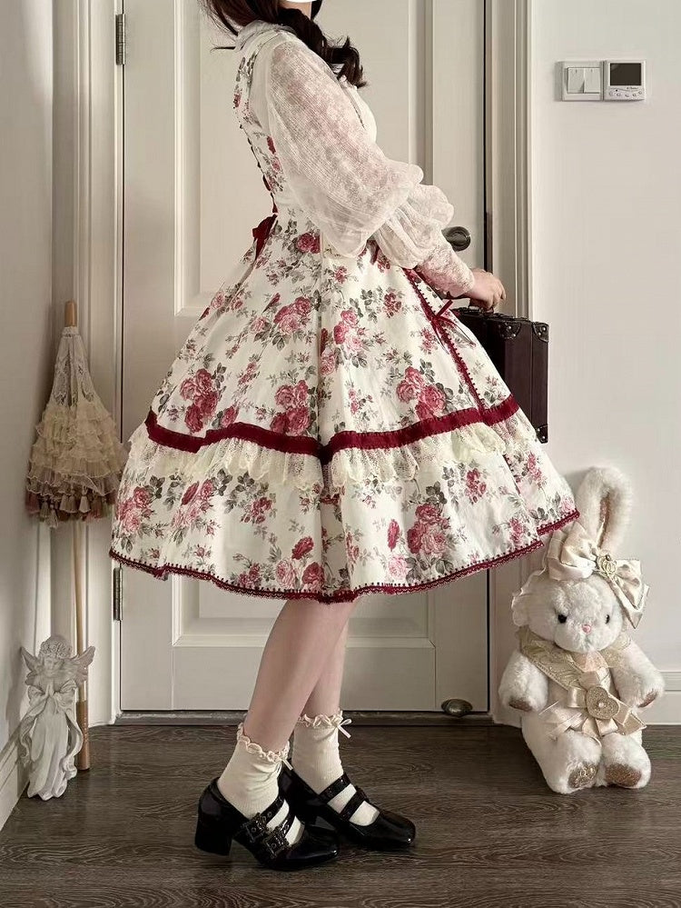 Old School Cotton Lolita JSK Gown with Floral Print & Lace Detailing - Qian Mu