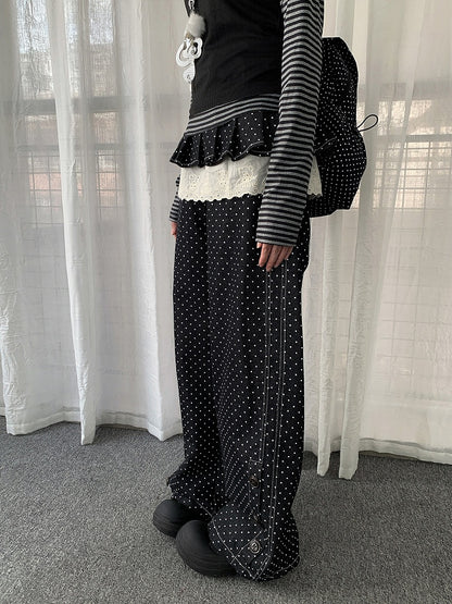 Button Dot Lace-trimmed Polka with Accessory Detachable Accents Black Wide-leg Jeans