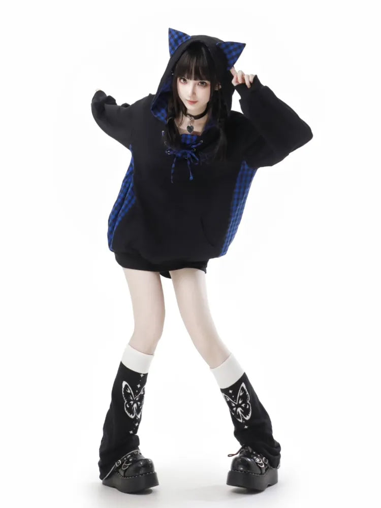and Lace-up Detail Black Loose Dark Ears Hoodie Kitty Plaid Blue