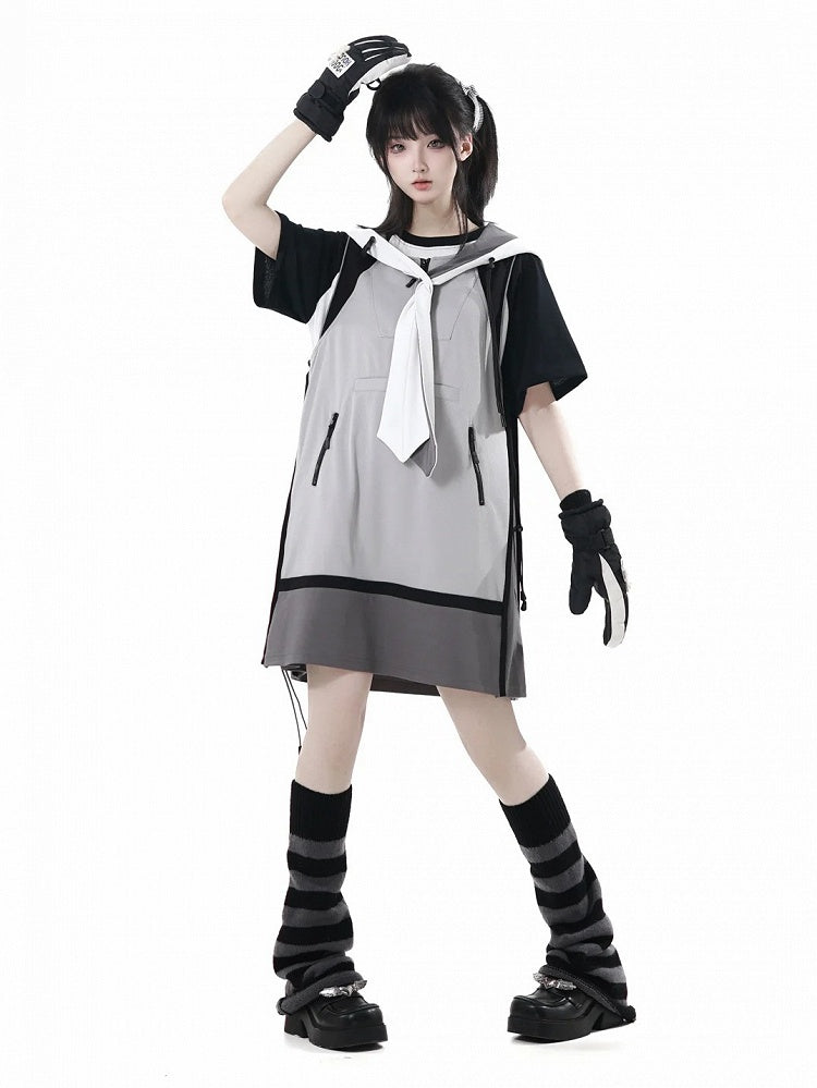 ドレスサイドテックウェアフード付きベストグレーカラーブロックデザインドローストリング