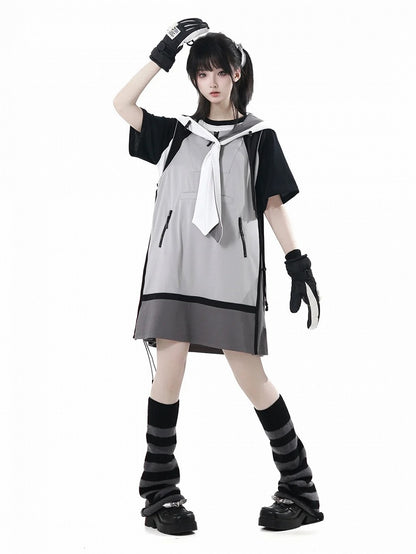 ドレスサイドテックウェアフード付きベストグレーカラーブロックデザインドローストリング