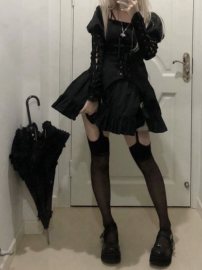 Black Punk Halter Long Sleeve Drawstring Lolita Top with Skirt Set - NanaRiot