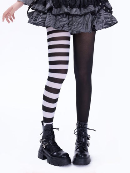 Gothic Tights Striped Asymmetrical Pattern Design White Black