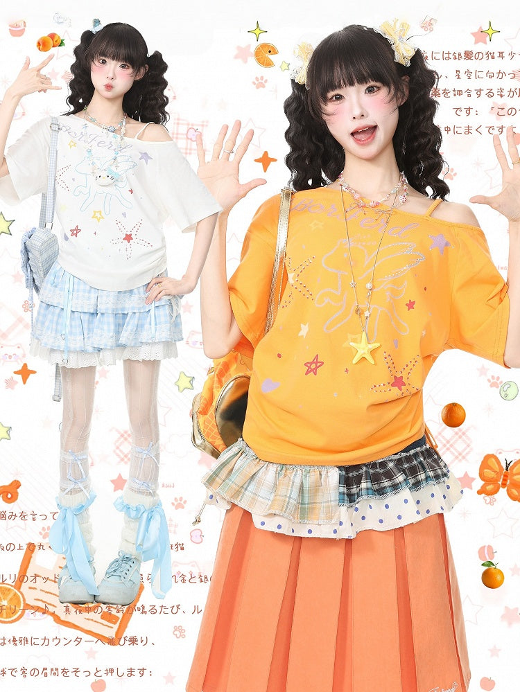 White Pegasus Print Asymmetric Shoulder T-Shirt with Rhinestone Details - Languid Park