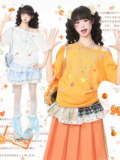 White Pegasus Print Asymmetric Shoulder T-Shirt with Rhinestone Details - Languid Park