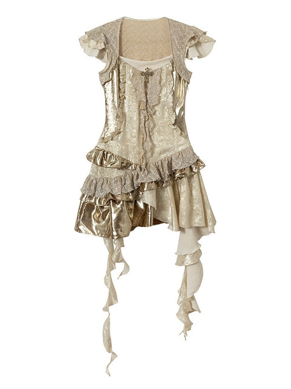 Gold Satin Two-Piece Asymmetrical Dress with Ruffle - NO ROMANCE