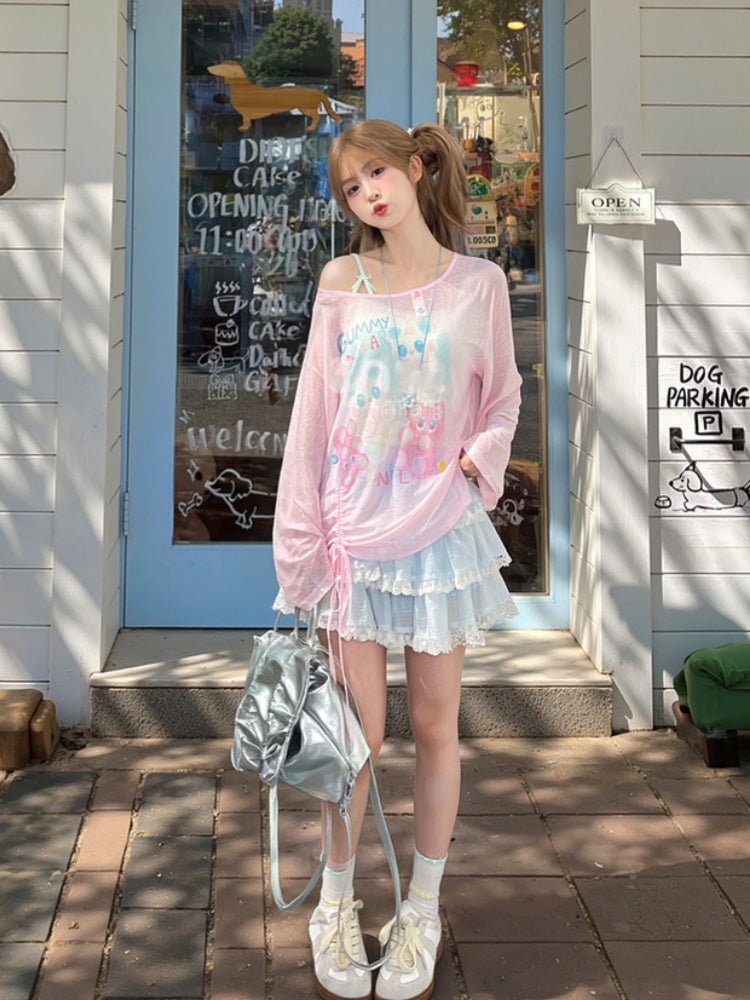 ブルー/ピンクのキュートなセミシースルーヘムの漫画プリントドローストリングトップス