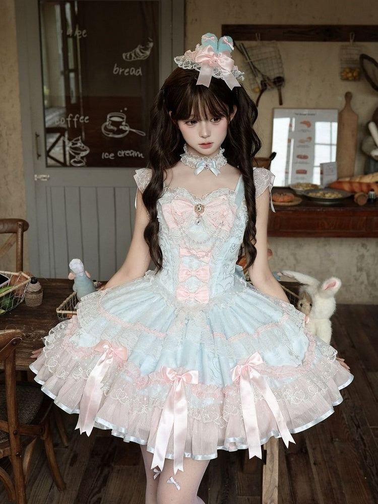 Blue & Pink Layered Lace Lolita JSK with Pearls - Miss Han