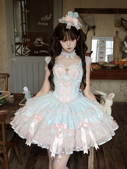Blue & Pink Layered Lace Lolita JSK with Pearls - Miss Han