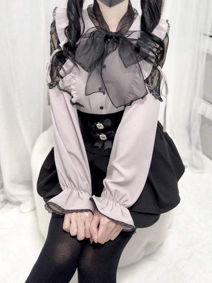 Jirai Kei Black/White/Dusty Cutout Shoulder Blouse Bow Neckline Big Pink