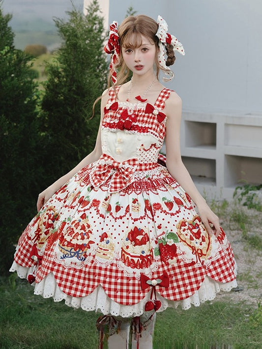 Cake Red Lolita Trim Scalloped Eyelet Strawberry White Dress JSK Print with