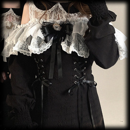 Jirai Dress Version Kei Long-Sleeve Bow Rhinestone Cutout White Shoulder Black Decor Lace Long