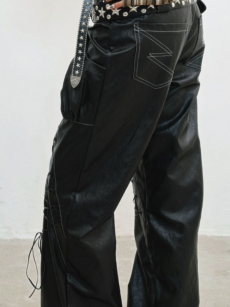 PU Punk Rock Black with Lace-Up Details Pants