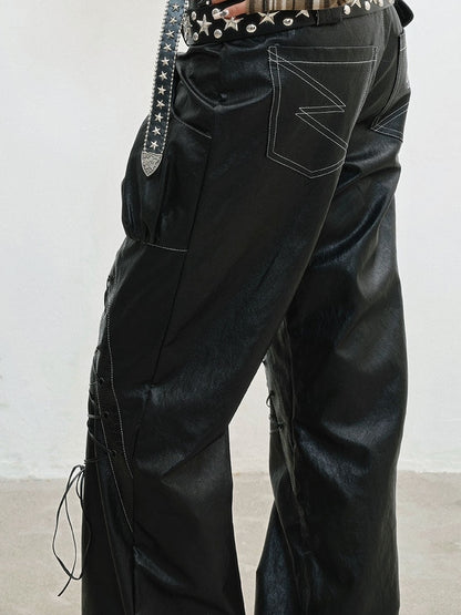 PU Punk Rock Black with Lace-Up Details Pants