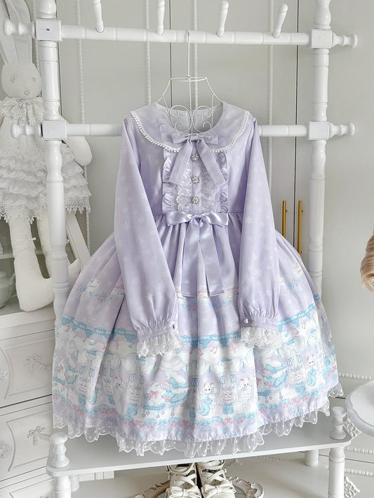Purple Peter Pan Collar Lolita Long Sleeve Dress with Bunny Snowflakes - Strawberry Trouble Lolita
