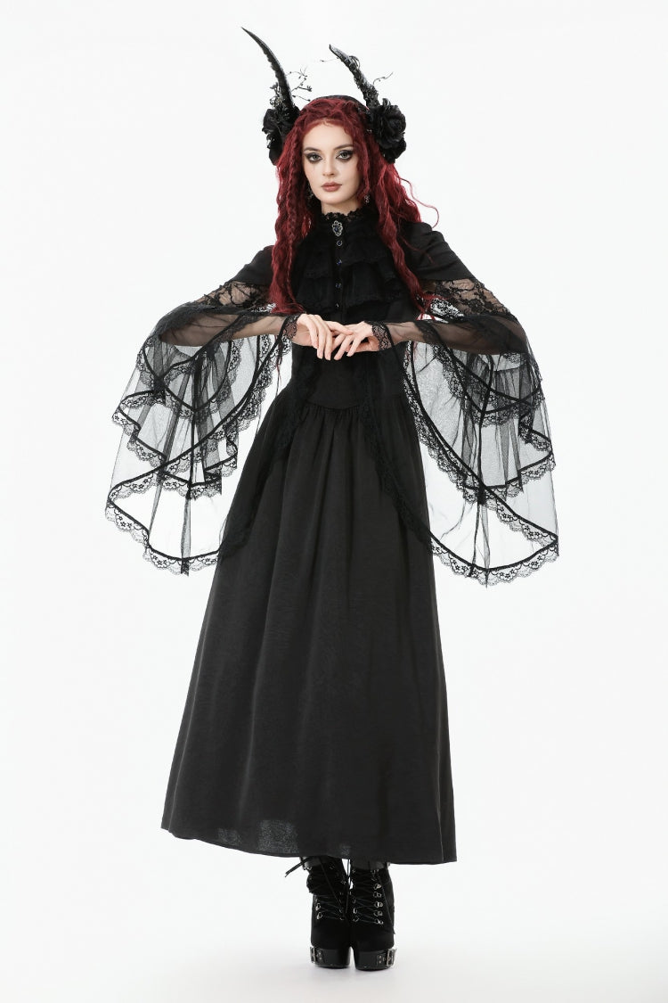 Black Stand Collar Trumpet Sleeve Lace Wedding Gothic Dress