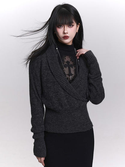 Dark Gray Wrap V-Neck Knit Pullover Sweater - Slim Fit