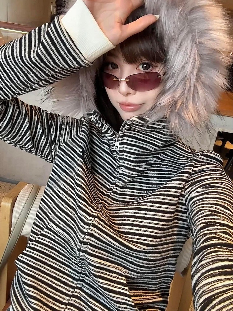 Hood White Fur Hoodie Plush Black with Striped