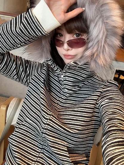 Hood White Fur Hoodie Plush Black with Striped