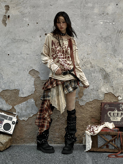 Patchwork Skirt Green with Studded Punk Belt Plaid Military Denim