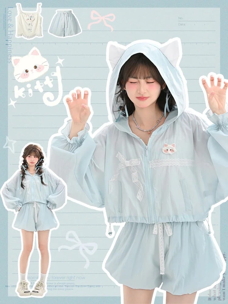 かわいいフード付きレースリボン日焼け防止ジャケットブルー猫耳デザイン夢
