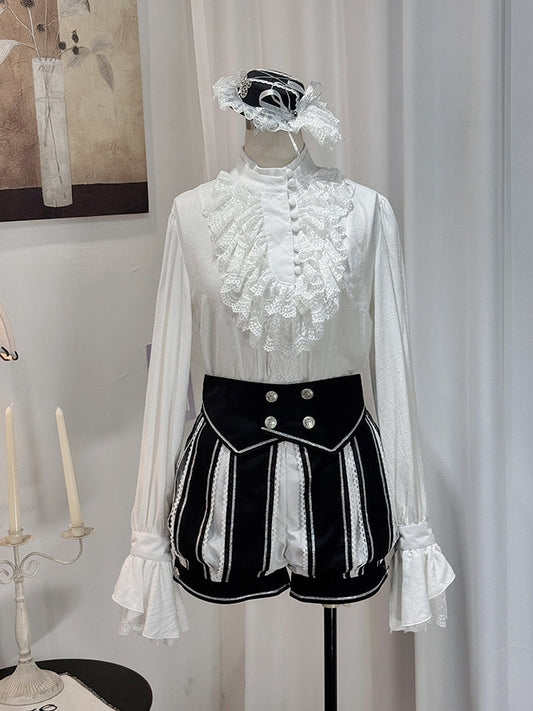 White Lace Ruffle Jabot Stand Collar Long Sleeve Blouse - Castle Too