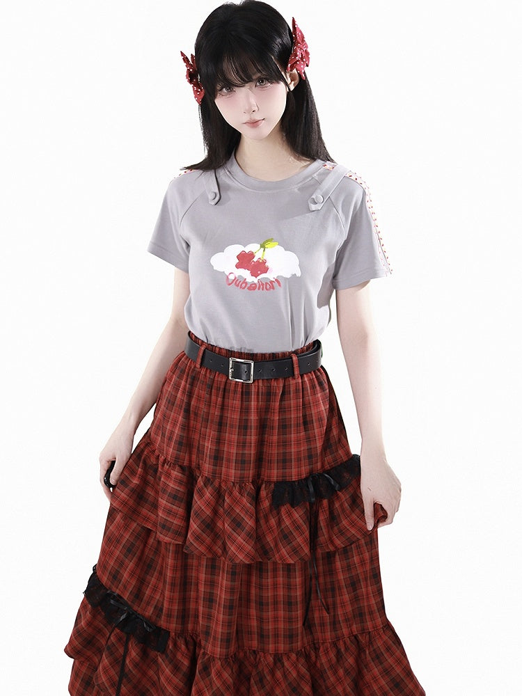 Round Neck Gray Cherry Print T-Shirt