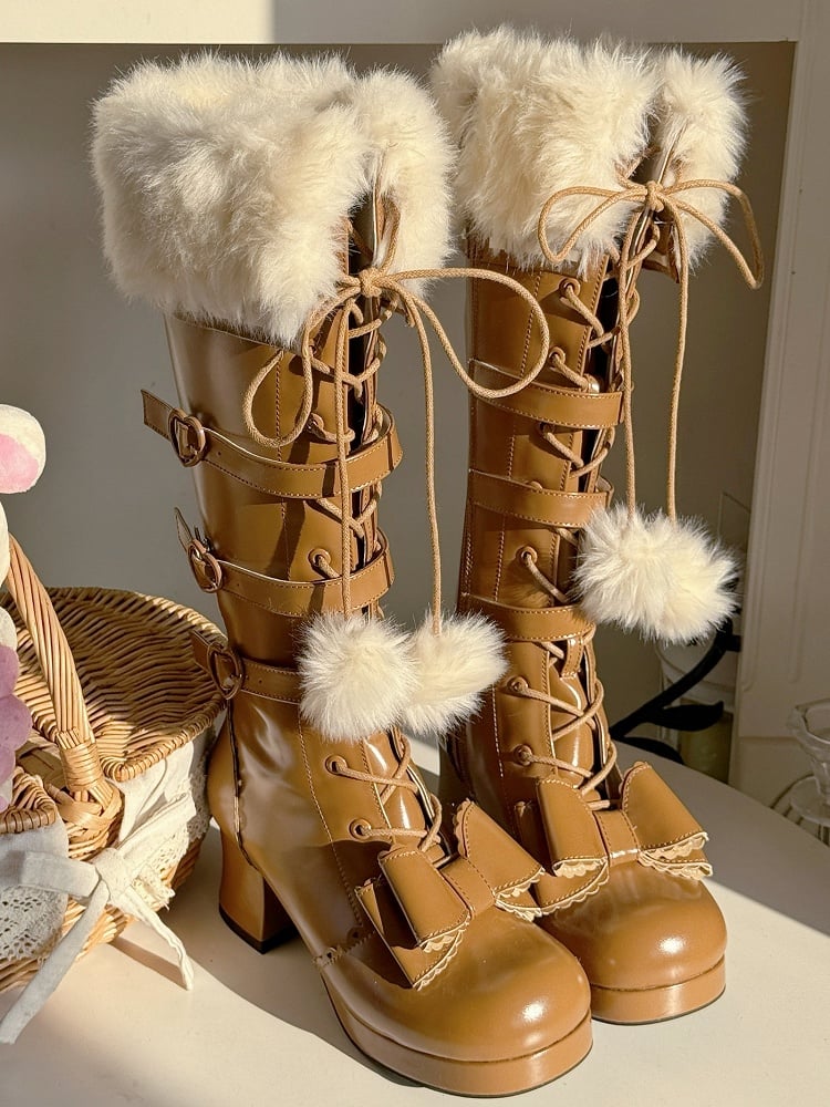 Light in Zip/Buckle Mid-heel with Boots Winter Boot Lolita PU Elegant Collar Brown Plush Details Ornate Lace