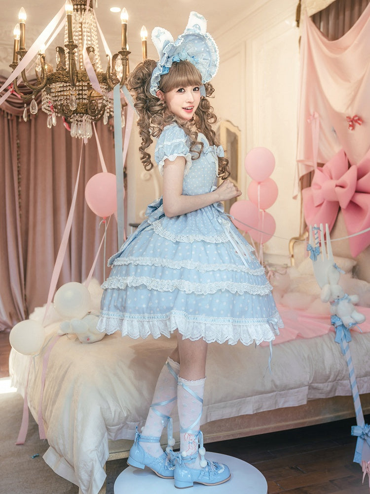 Süßes Lolita-Kleid mit Häschen-Quadrat-Punktmuster und Ohren, blauer Plüsch-Ausschnitt