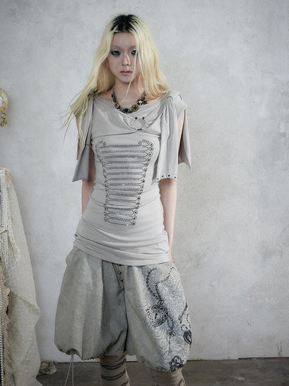 Beige-Grey Knit Short-Sleeve Top with Rhinestone Design - NO ROMANCE