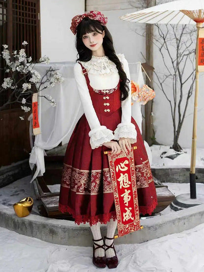 Bust Under New Bow + Long Gold KC Year Beige Version Lolita Top Red Knit JSK