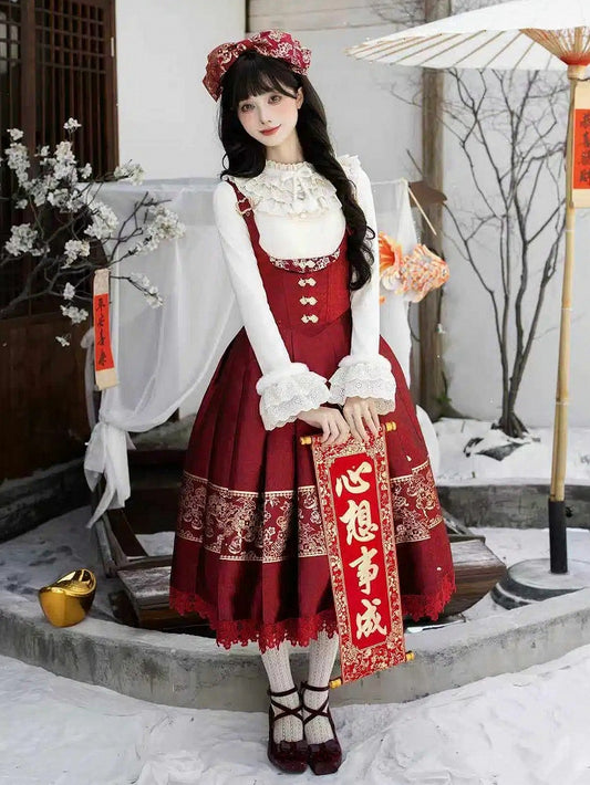 Bust Under New Bow + Long Gold KC Year Beige Version Lolita Top Red Knit JSK