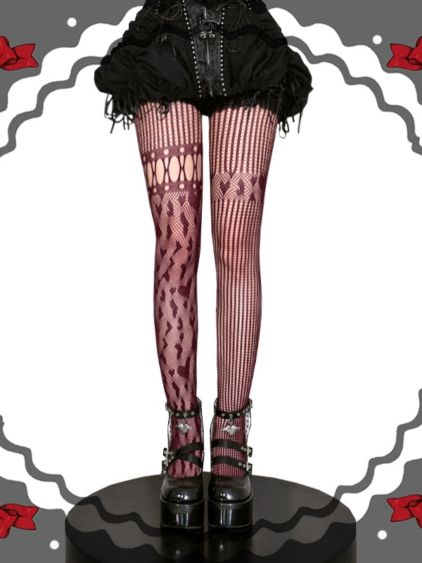 ブラック/レッド/ホワイトハート柄アシンメトリーフィッシュネットタイツ