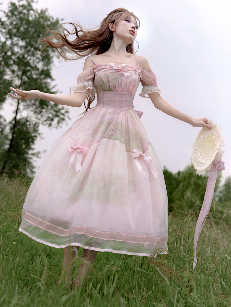 Painting Dress with Organza Overlay Oil Pink Water Lily Print Basque Waist Light