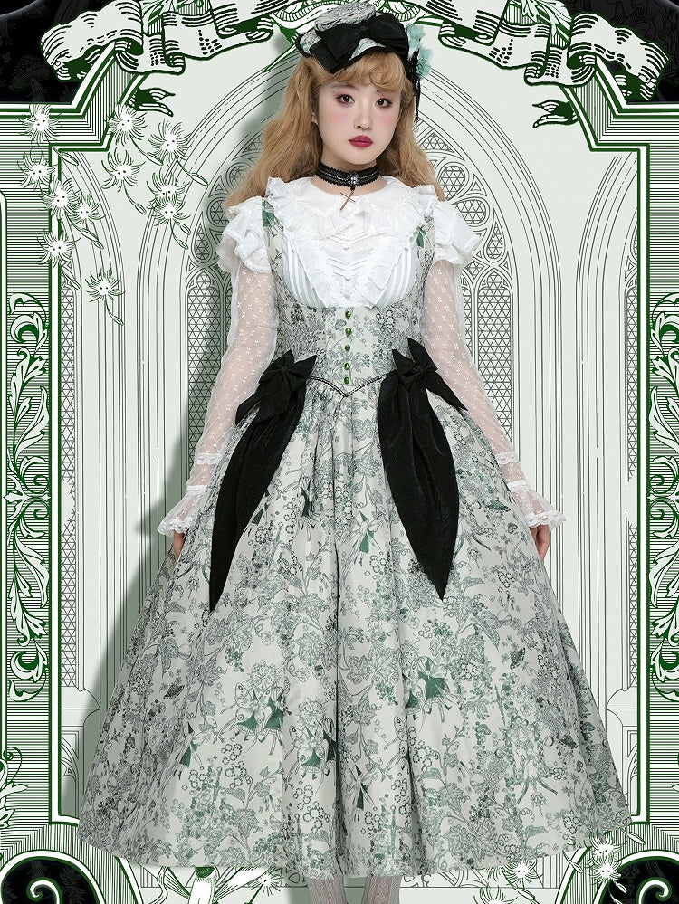 Green Basque Boned Bust Lolita Skirt and Jumper Waist Animals Print Wood Under