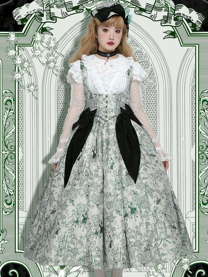 Green Basque Boned Bust Lolita Skirt and Jumper Waist Animals Print Wood Under