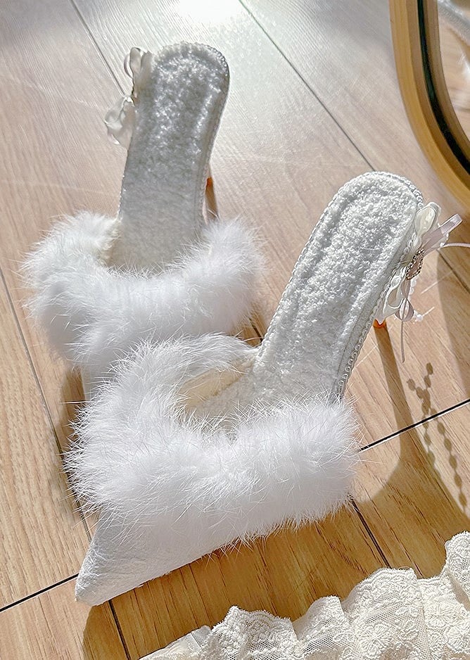 Details Bow Toe Lolita with Elegant Plush Pointed Accents White High-heel Mules