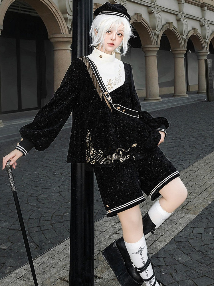 Schwarzes Ouji-Oberteil mit glitzernder Waffelstruktur, Musiknoten und Fransenschärpe