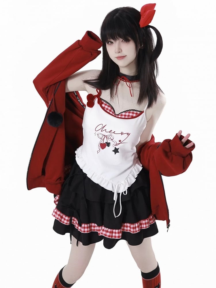 Drawstrings Zip-up with Red Plush Hoodie Pom-Pom