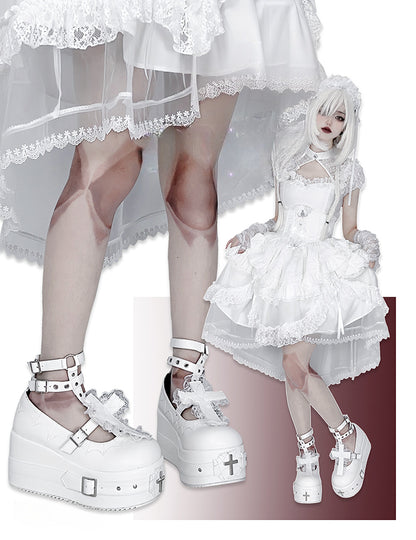 Matte White Gothic Lolita Lace Trim Cross Platform Shoes