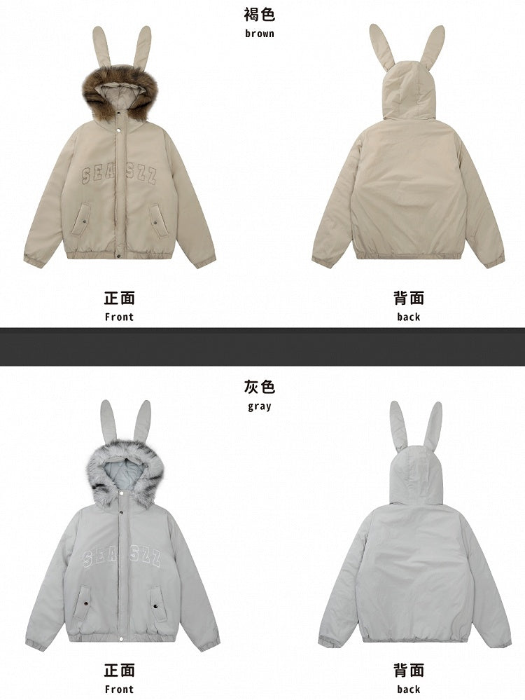 Grau/Apricot Buchstaben Druck Hasenohren Kapuze Dicke Jacke Abnehmbare Kapuze