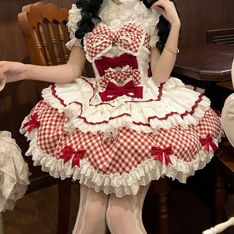 und Saum gewellter Kleiderrand mit süßem Rockmuster Lolita Gingham gestufter weißer Besatz rot