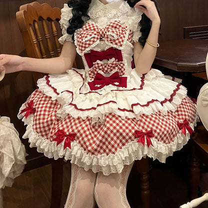 und Saum gewellter Kleiderrand mit süßem Rockmuster Lolita Gingham gestufter weißer Besatz rot