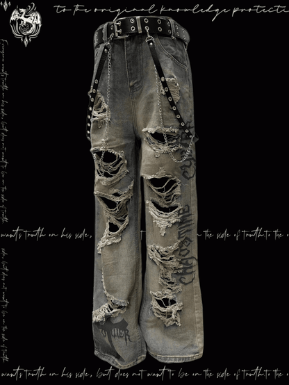 Wash Y2K Jeans Wasteland Punk Blue Faded Distressed Holes Glamorous