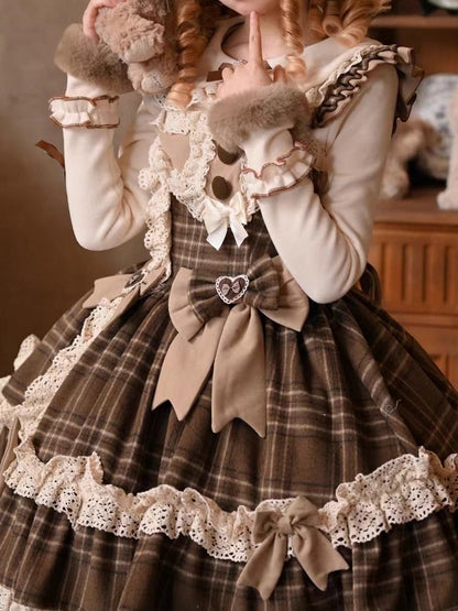 Winter Lace and with Lolita Trims Accents Brown Bow Dress Plaid