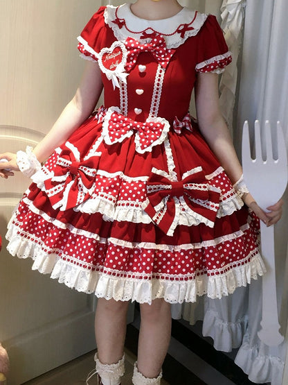 赤い耳の襟、甘いロリータドレス、ドット柄のバニー、水玉模様のアクセント、リボンバック