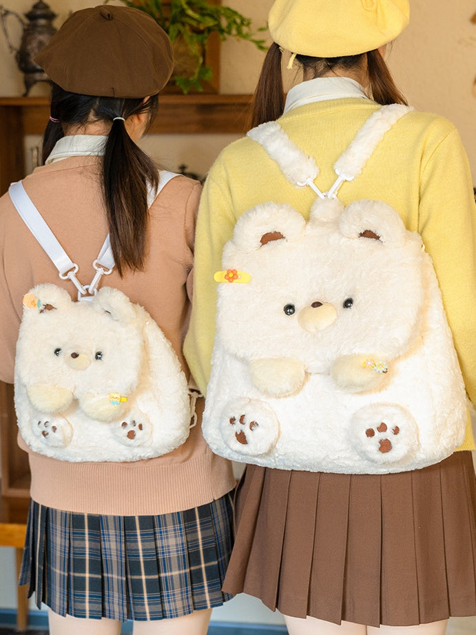 ホワイトキュートベアぬいぐるみフラップバックパックバッグミドル/ラージサイズ
